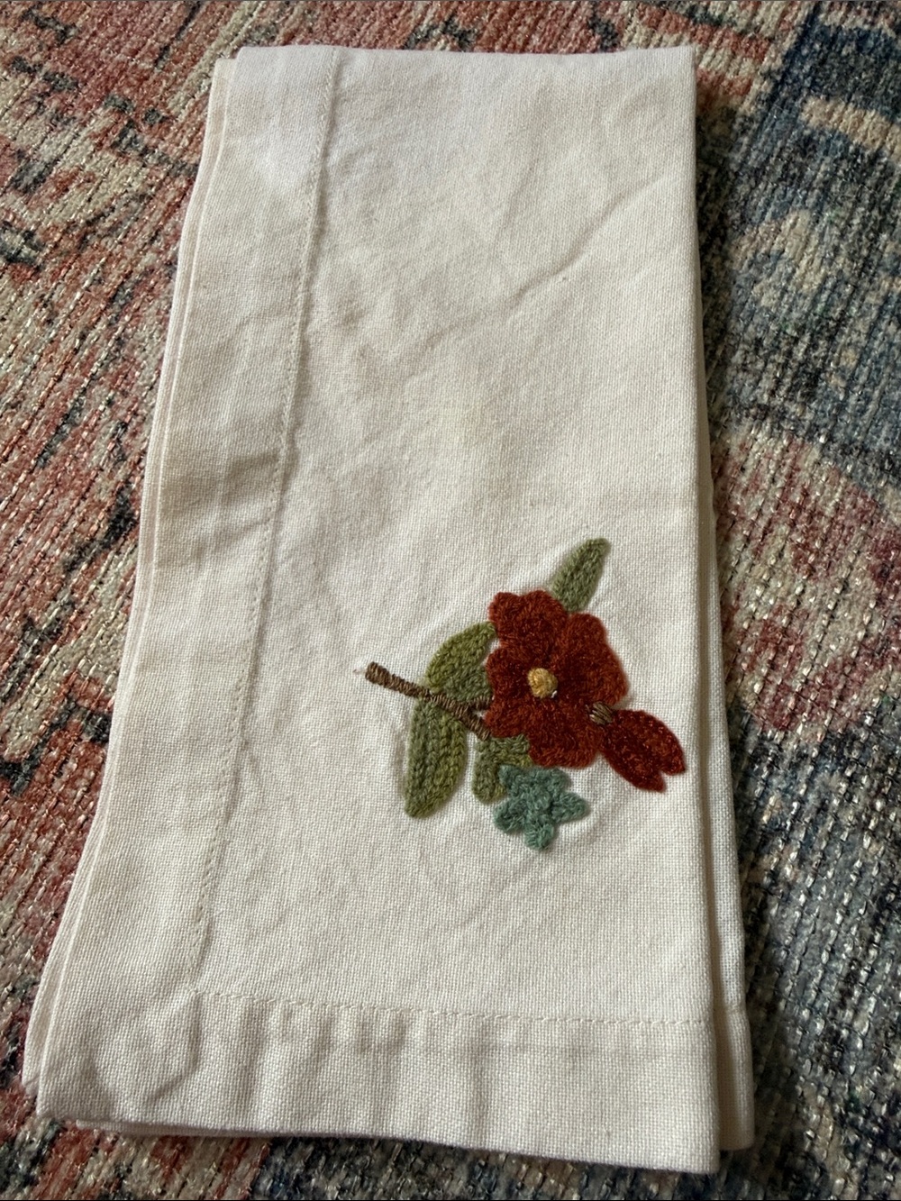 Pottery Barn set of 12 Linen Napkins with Red and Green Floral Embroidery